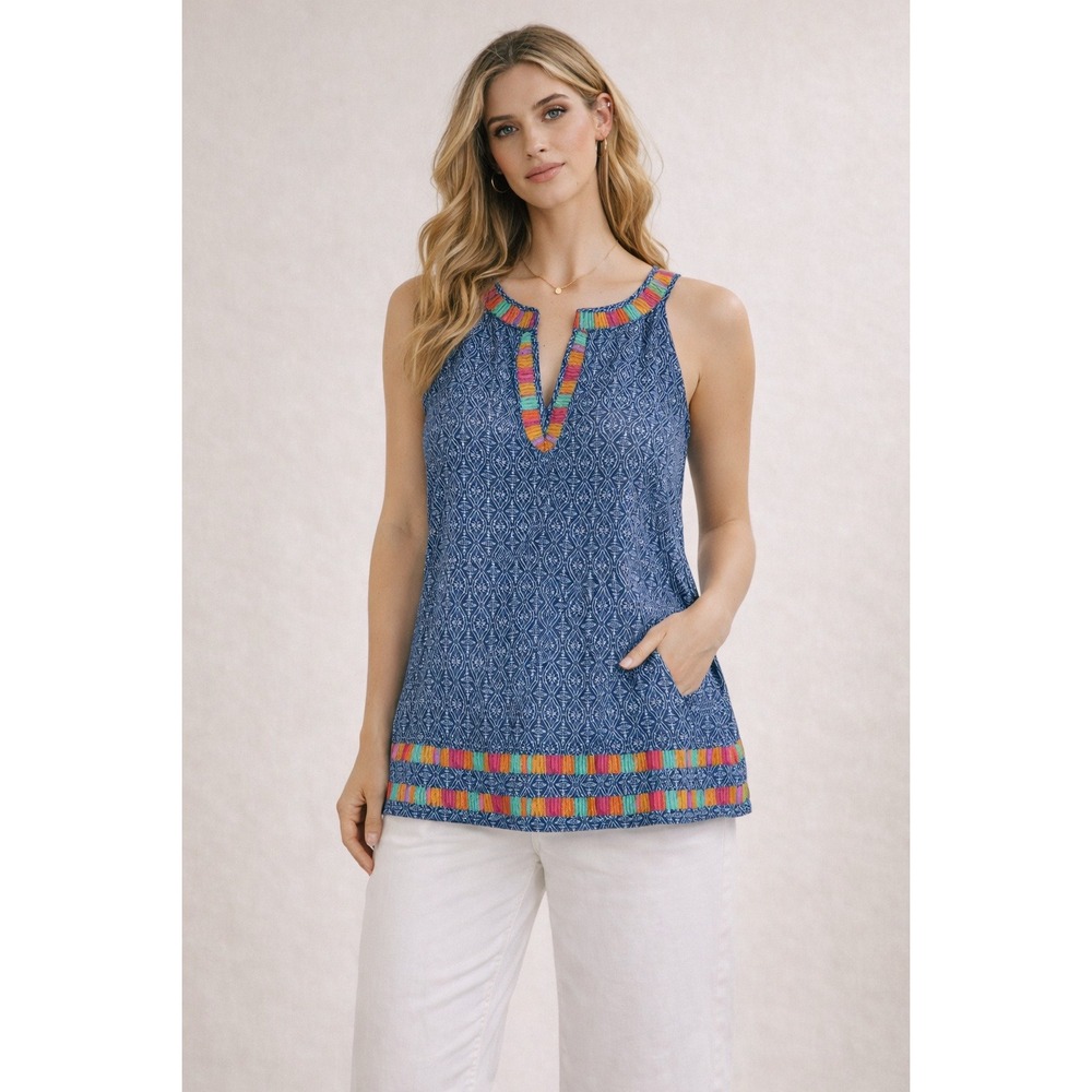 THML Embroidered‎ Sleeveless Boho Top Tassel Trim Tank Blouse XS
